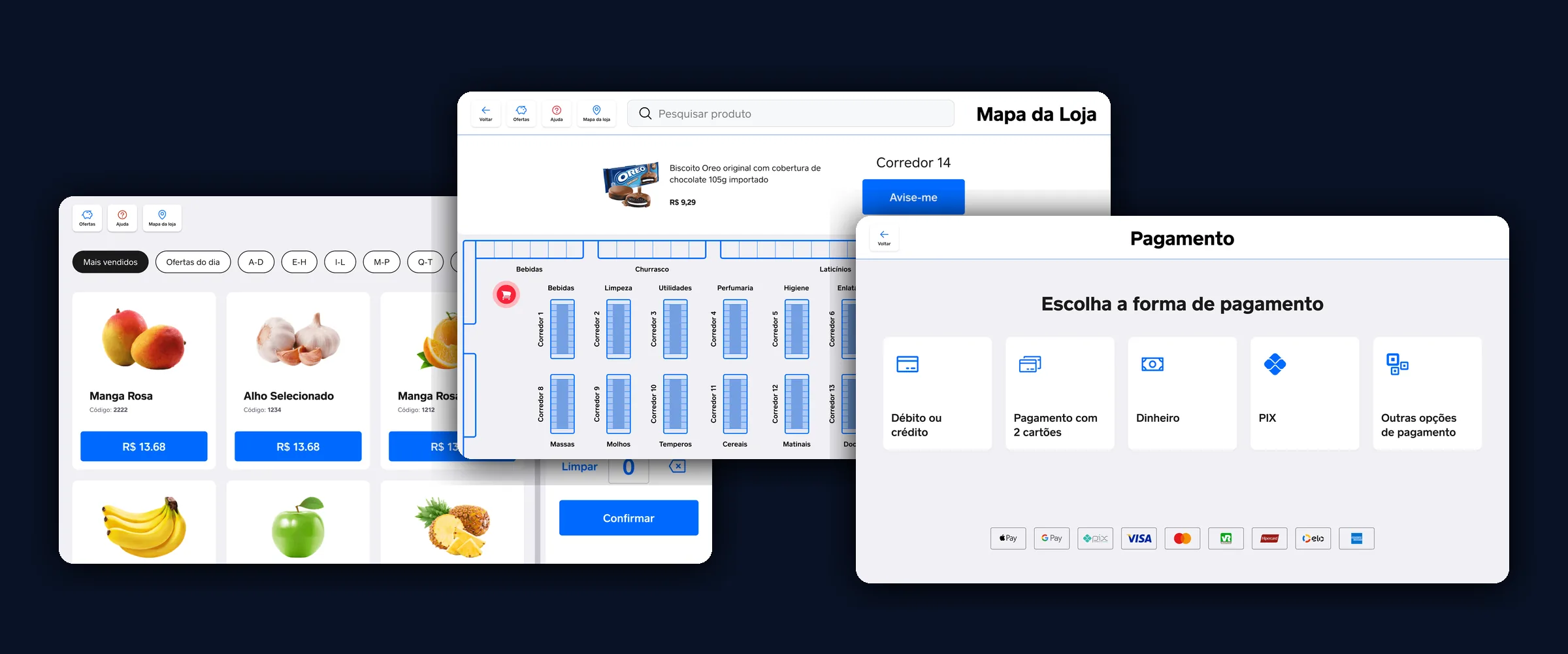 Três telas do Square Register sobre fundo azul-escuro: o catálogo de produtos por seção, o mapa da loja indicando o corredor de um item e a escolha da forma de pagamento.