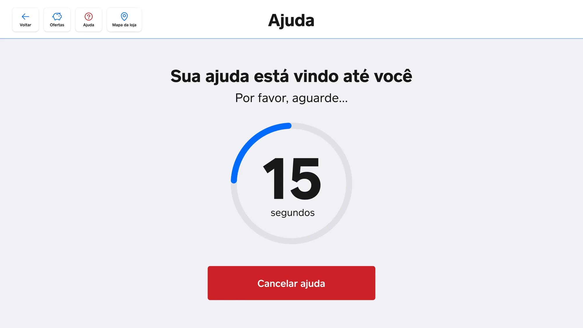 Tela de ajuda do Square Register: o título "Sua ajuda está vindo até você", um círculo de progresso marcando 15 segundos e o botão vermelho "Cancelar ajuda".