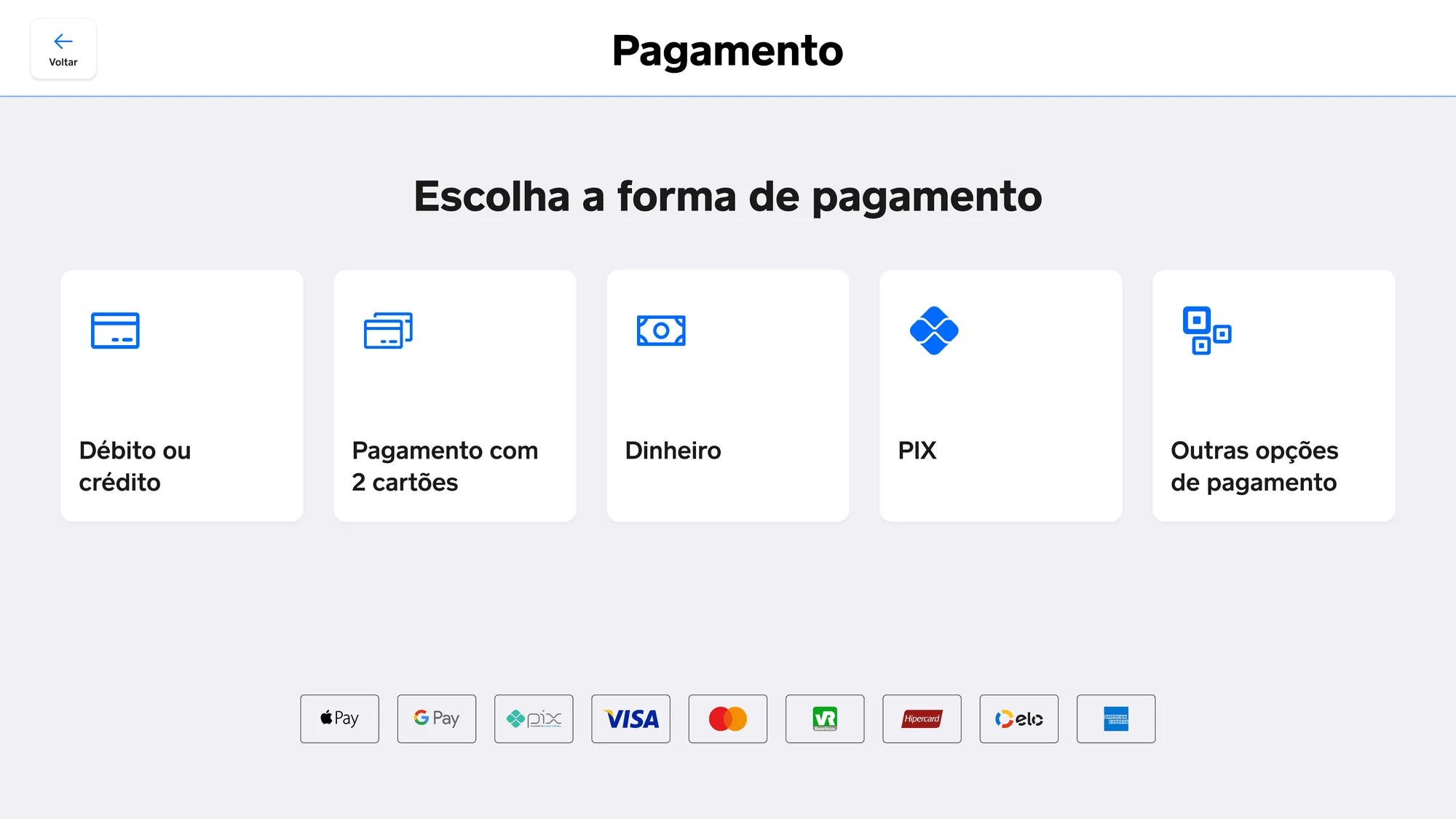 Tela de escolha da forma de pagamento no Square Register, com cinco opções em cartões, débito ou crédito, pagamento com dois cartões, dinheiro, PIX e outras opções, e abaixo a fileira de bandeiras aceitas, incluindo Apple Pay, Google Pay, PIX, Visa, Mastercard, VR Benefícios, Hipercard, Elo e American Express.