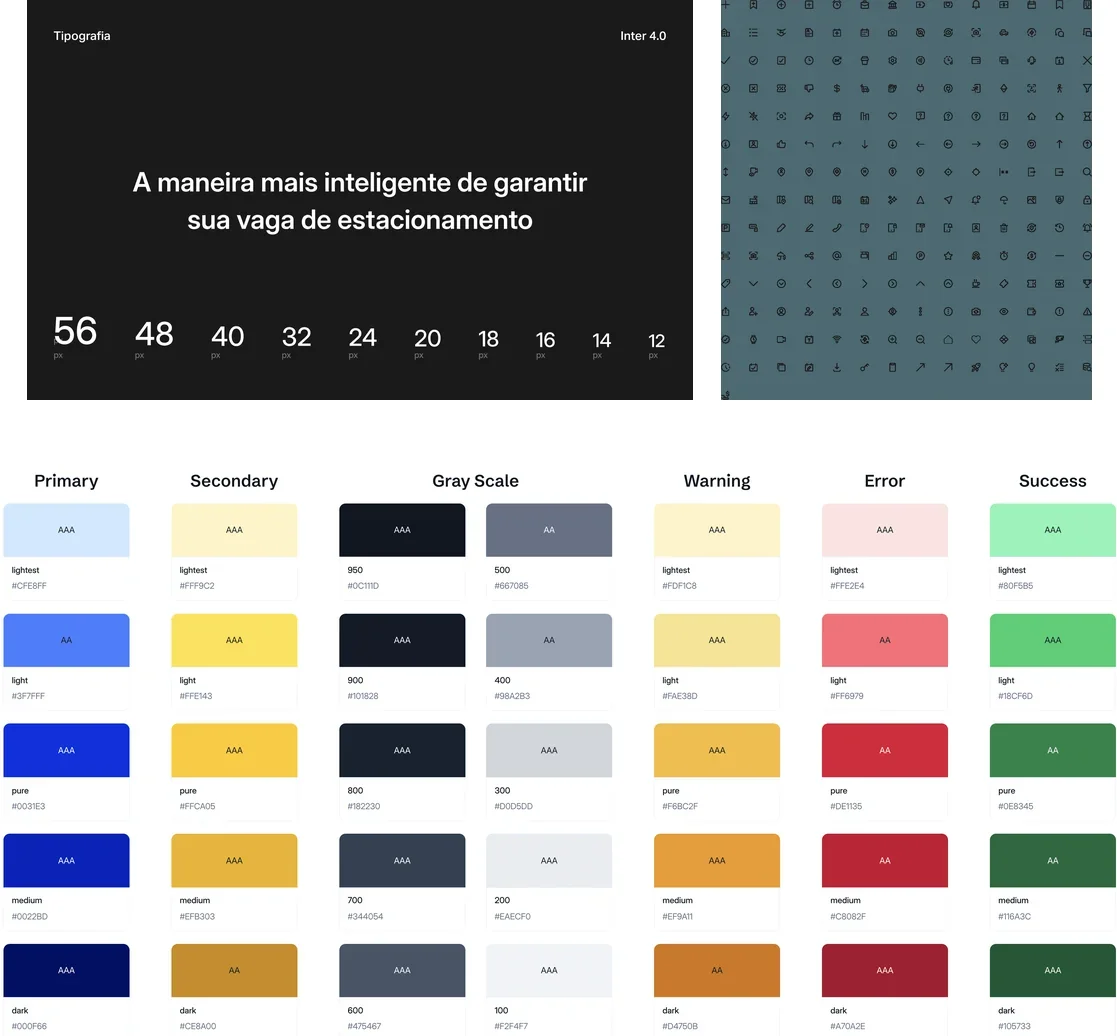 Fundamentos visuais do StopCar: a escala tipográfica de 56 a 12 pixels, a grade de ícones e a paleta completa, com primária, secundária, tons de cinza e as cores de aviso, erro e sucesso, cada uma marcada com o nível de contraste alcançado.