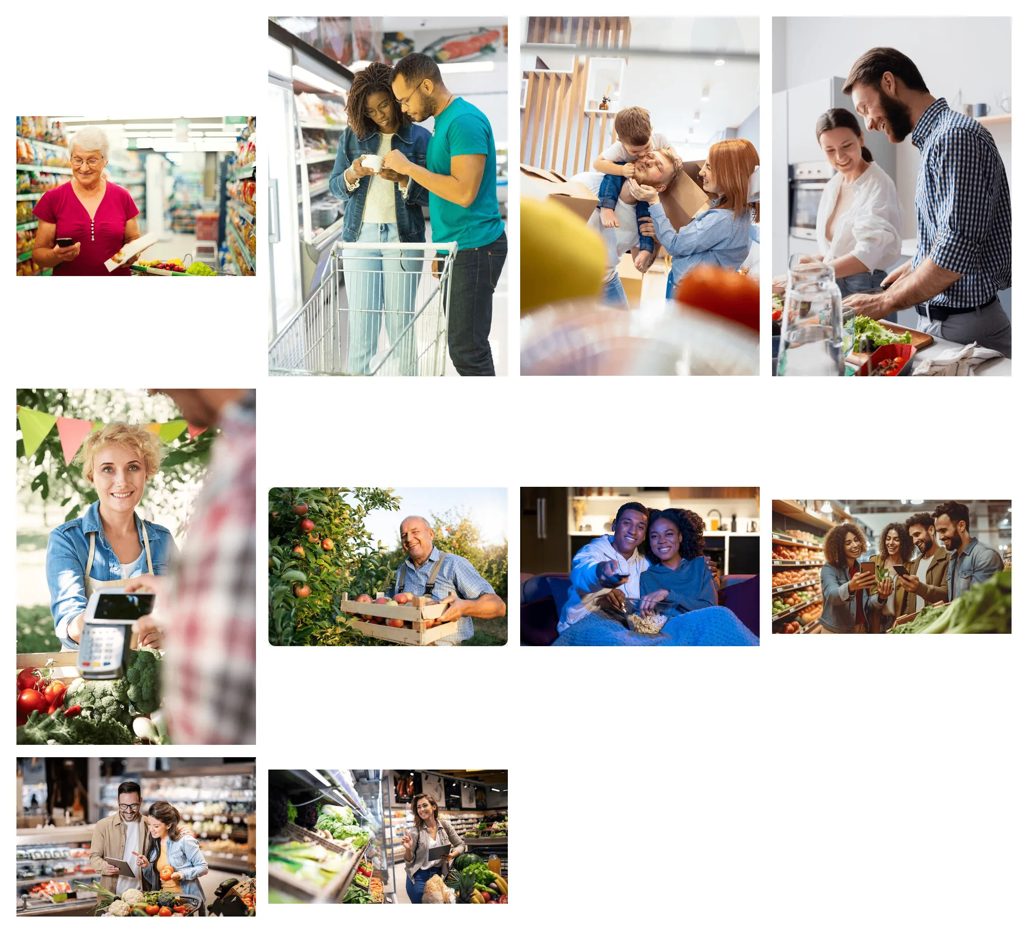 Moodboard com dez fotografias: pessoas de idades diferentes fazendo compras, prateleiras, produtos frescos e cenas domésticas depois do supermercado.